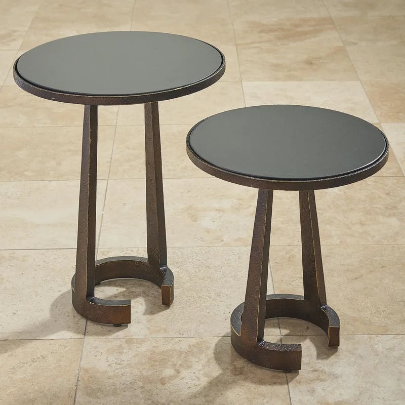 Round Bronze Wood & Stone C-Table with Storage