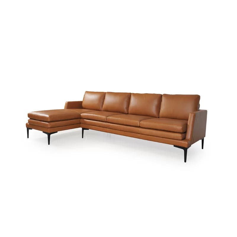 Rica Handcrafted Tan Leather Chaise Sectional with Black Metal Legs