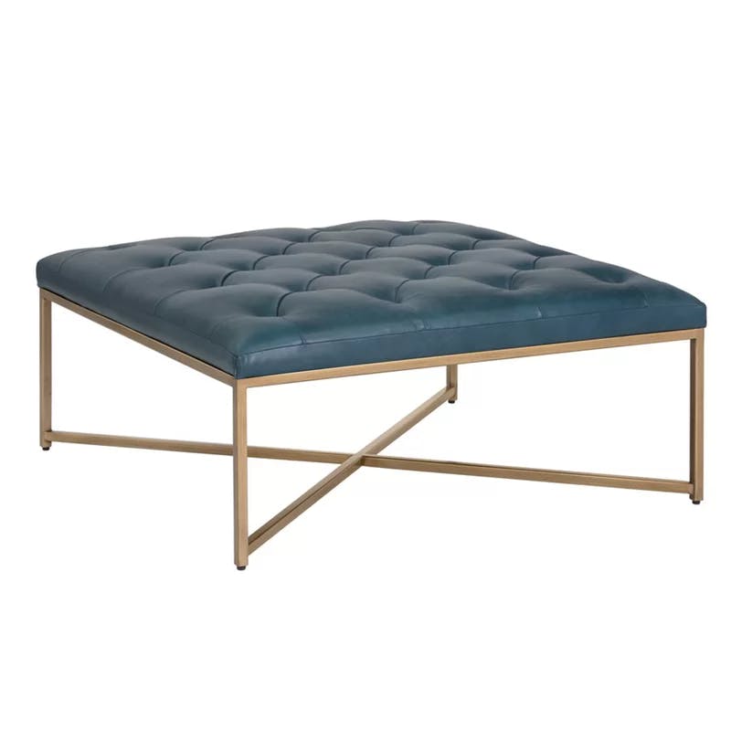 Contemporary Tufted Blue Ottoman in Genuine Leather