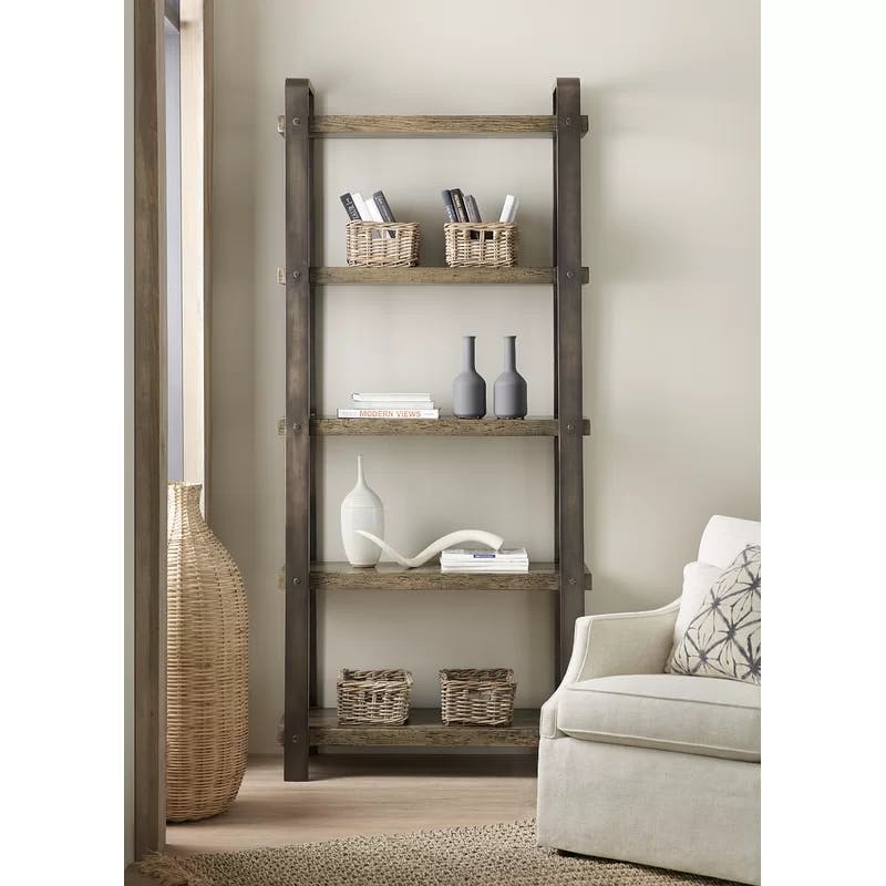 Transitional Dark Wood 40" Etagere Bookcase with Aluminum Accents