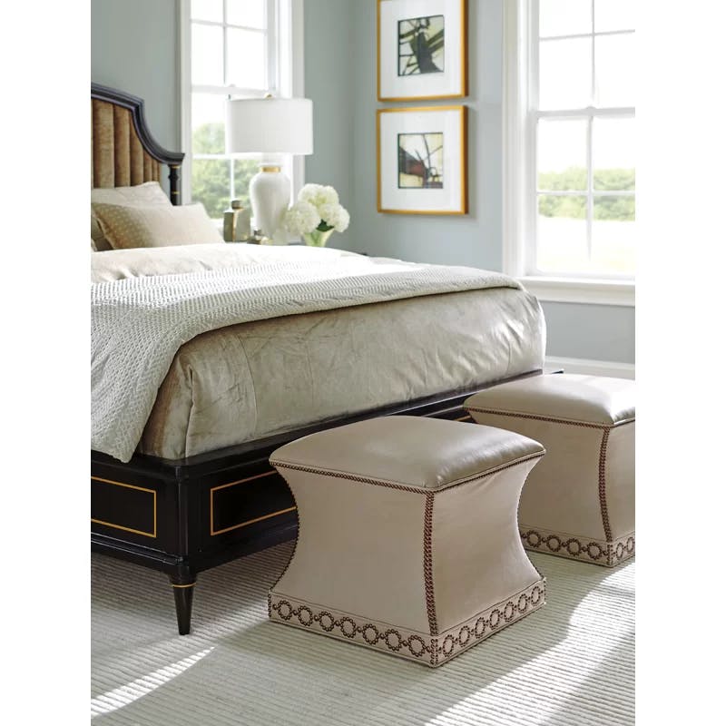 Carlyle Square Beige Genuine Leather Ottoman with Black Wood Legs