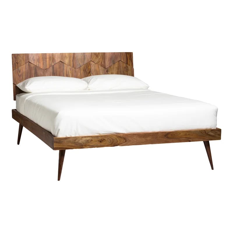 Deluxe Mid-Century Modern Sheesham Wood Queen Platform Bed with Storage