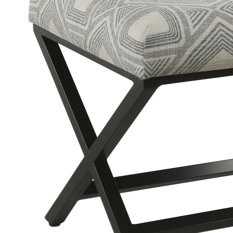 Charcoal Square Geometric Tufted Footstool with Metal X Base