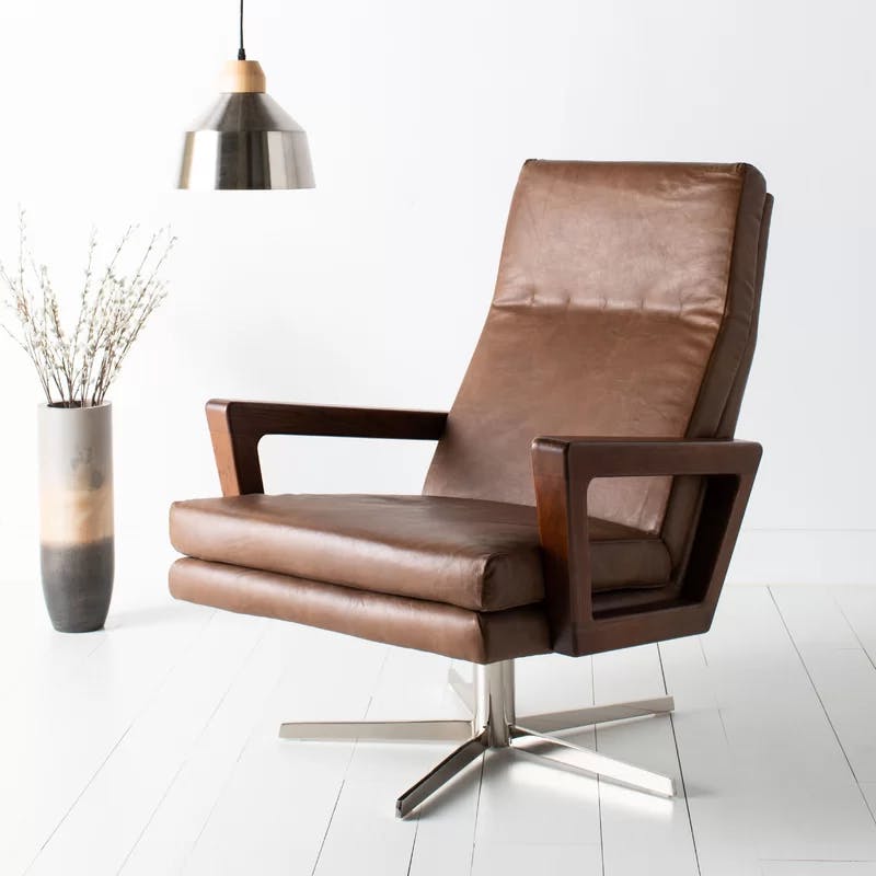 Damien Chocolate Genuine Leather Swivel Armchair with Chrome Finish