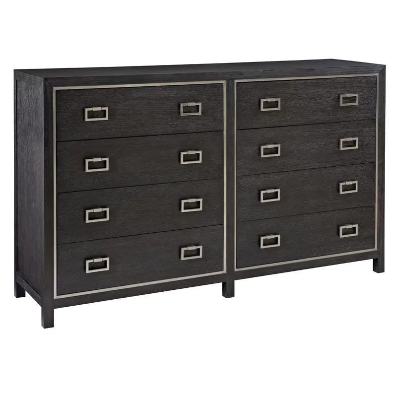 Transitional Cerused Mink 8-Drawer Double Dresser with Silver Mist Accents