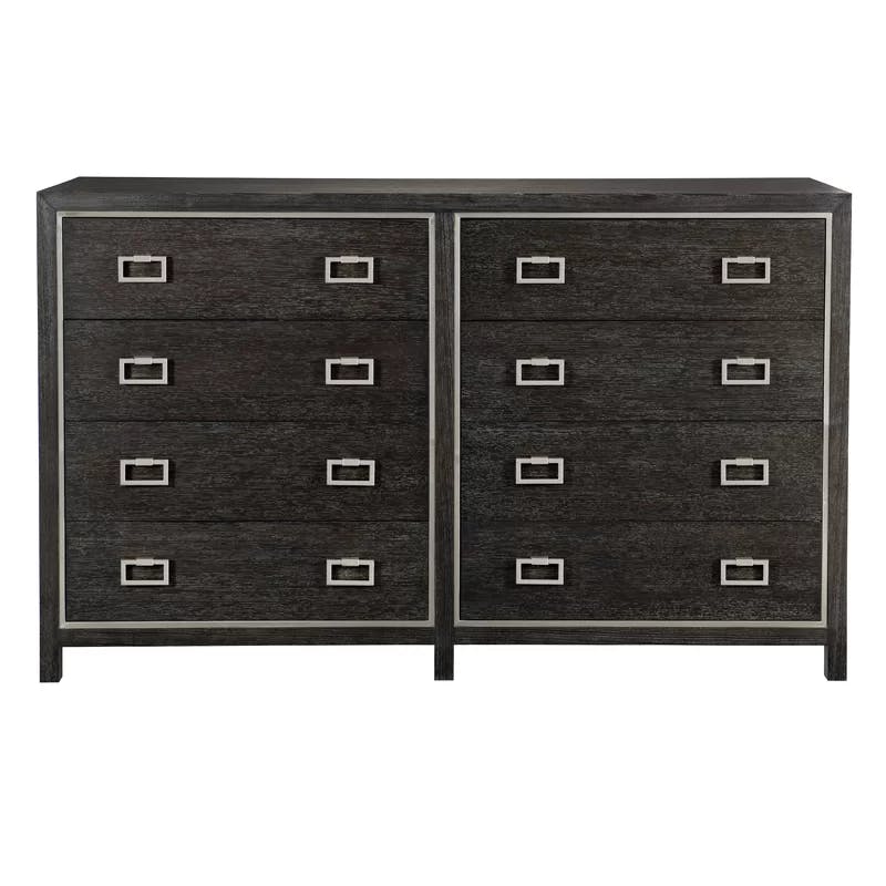 Transitional Cerused Mink 8-Drawer Double Dresser with Silver Mist Accents