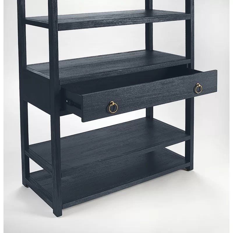 Elin Navy Blue and Gold Tall Modern Bookcase with Storage Drawer