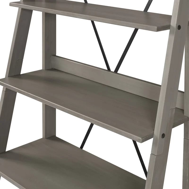 Gray Pine Wood 68" Ladder Bookshelf with Metal X-Back