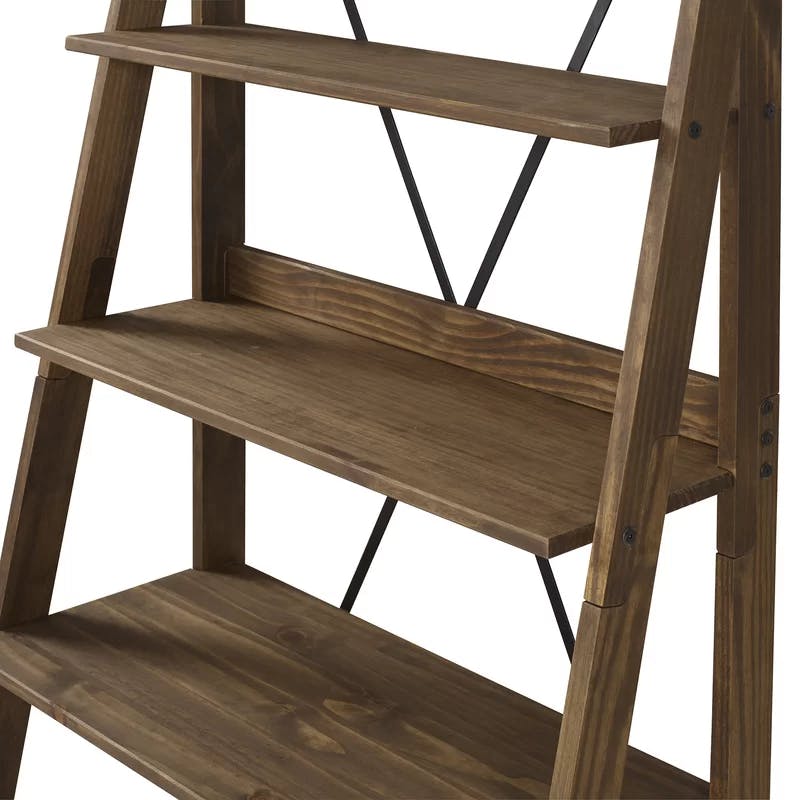 Pine Wood 68'' Brown Ladder Bookshelf with Metal X Design