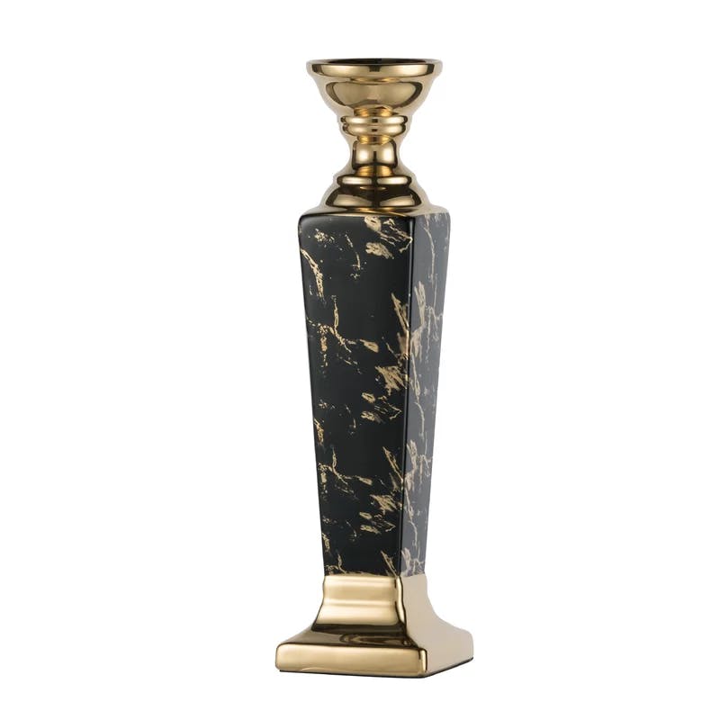 Modern Gloss Black and Gold Ceramic Candlestick, 16.9" High