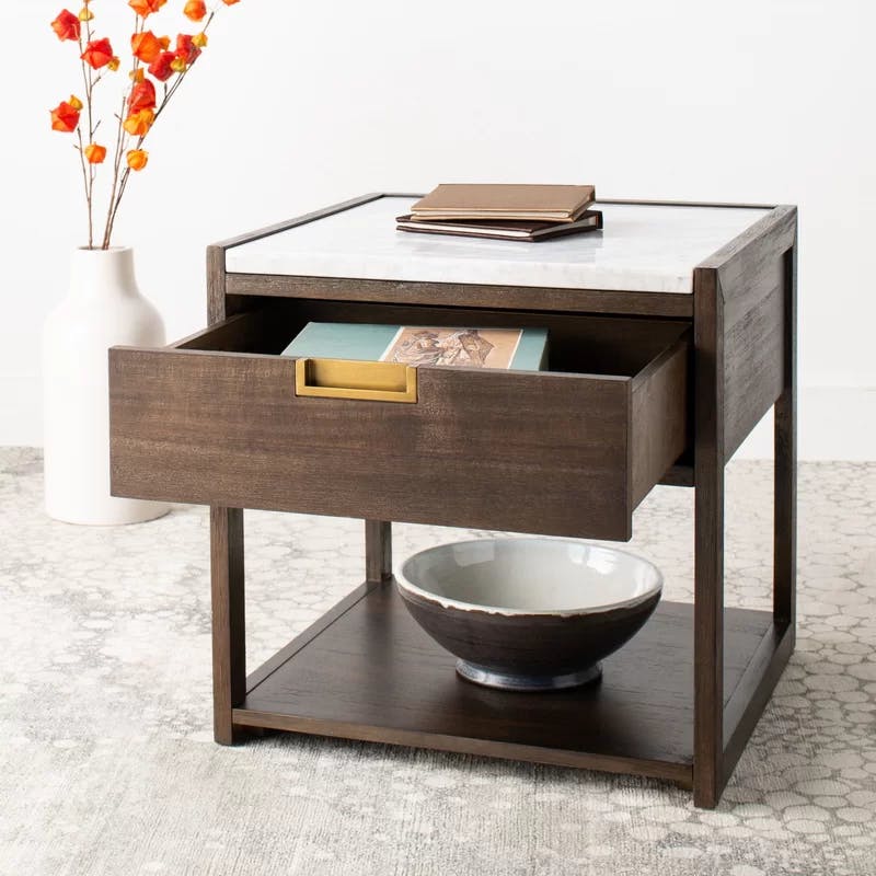 Transitional Dark Chocolate 1-Drawer Nightstand with White Marble Top