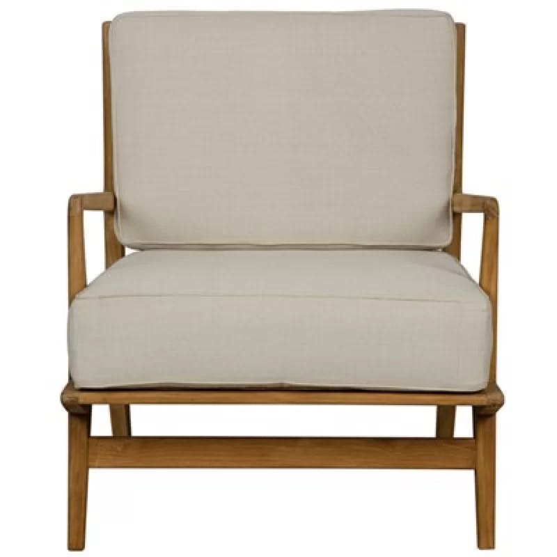 Handcrafted Off-White Cotton and Teak Rattan Accent Chair