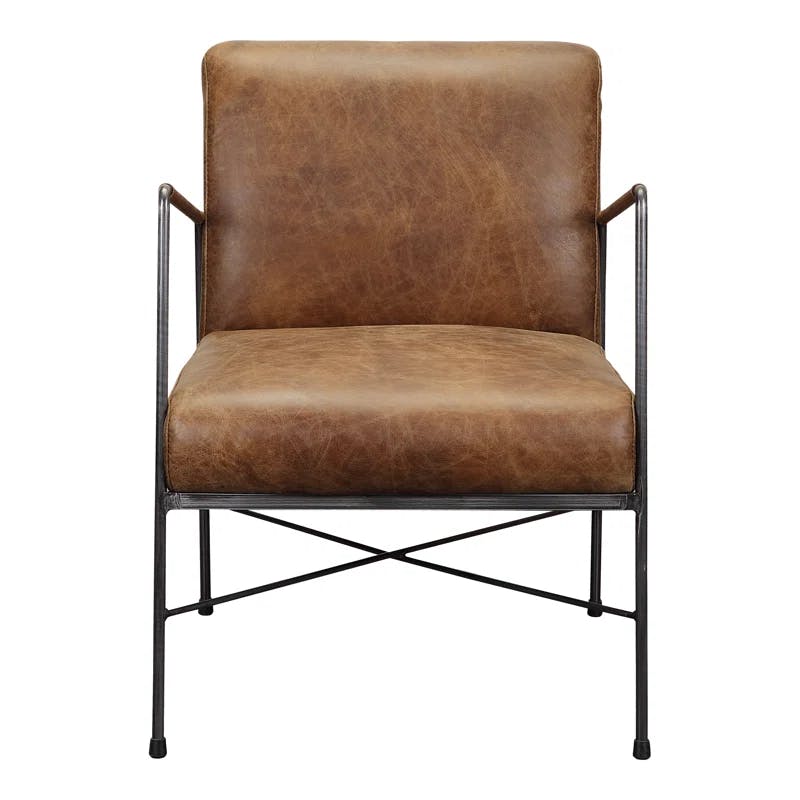 Transitional Dagwood Brown Leather Armchair with Metal Frame