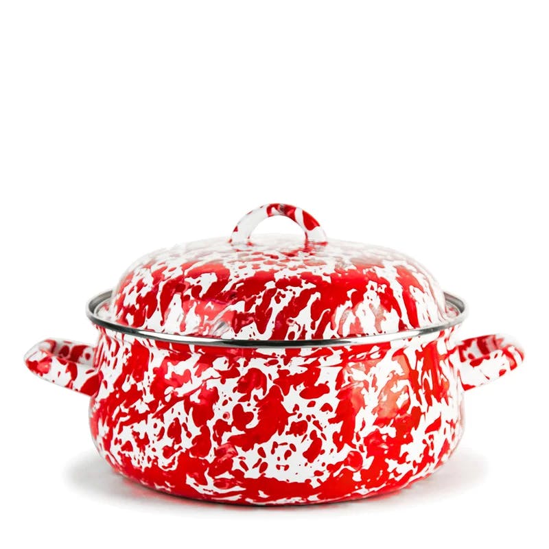 Vintage Red Swirl 4 Qt Enameled Dutch Oven with Stainless Steel Lid