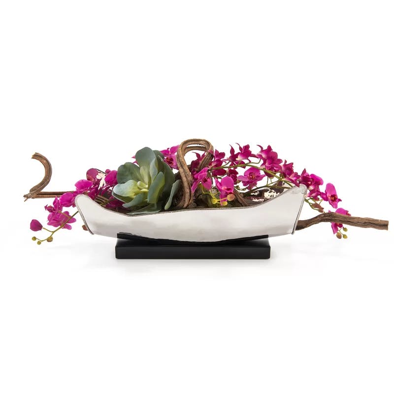 Elegant 13'' Chrome Nickel Dendrobium Orchid & Succulent in Wood Pot