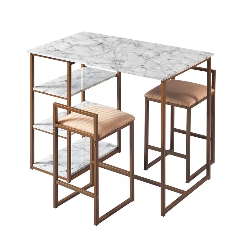 Elegant Faux Marble & Brass Finish Bistro Dining Set with 2 Padded Chairs
