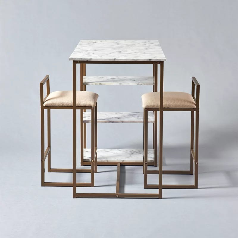 Elegant Faux Marble & Brass Finish Bistro Dining Set with 2 Padded Chairs
