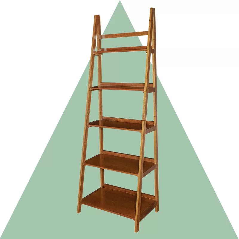 Warm Maple Brown Rubberwood 5-Shelf Ladder Bookcase