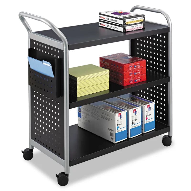 Sleek Black and Silver Powder-Coated Steel Utility Trolley with 3 Shelves