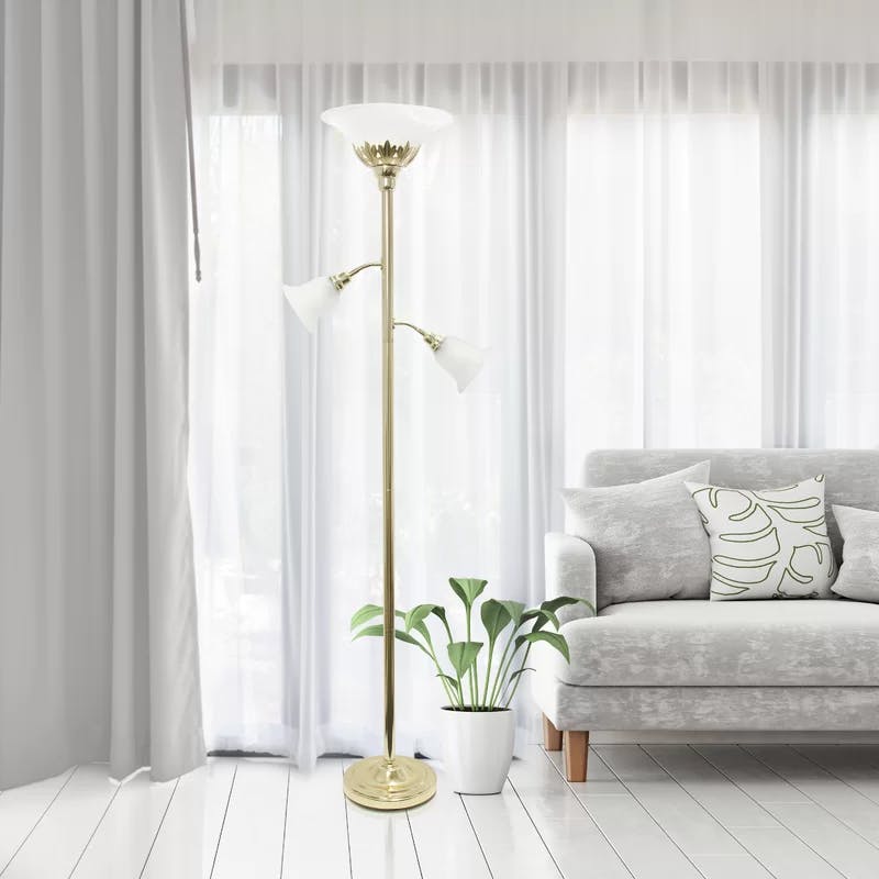 Elegant Gold Iron Floor Lamp with Scalloped Glass Shades