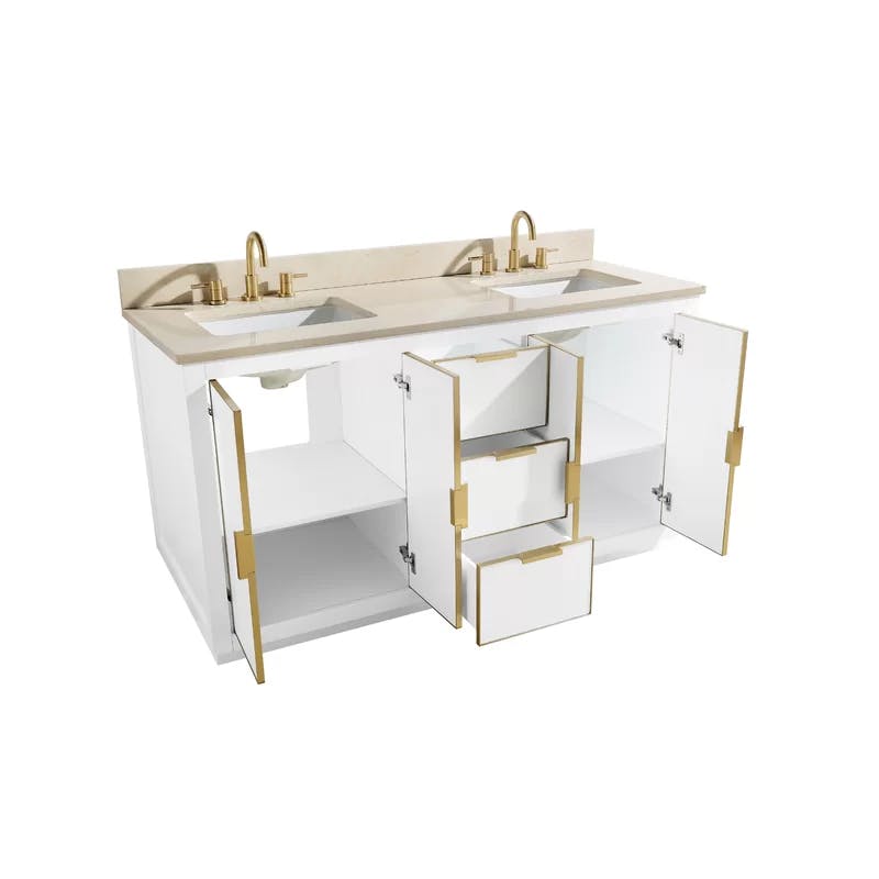 Austen 60'' White Solid Wood Double Vanity with Marble Top and Gold Trim