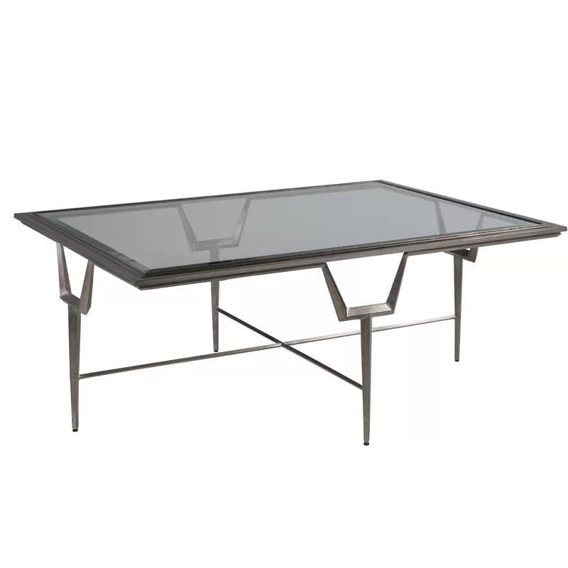 Transitional 48'' Silver Leaf Rectangular Metal & Glass Cocktail Table