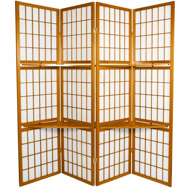 Honey-Toned Scandinavian Spruce Shoji Room Divider with Display Shelves