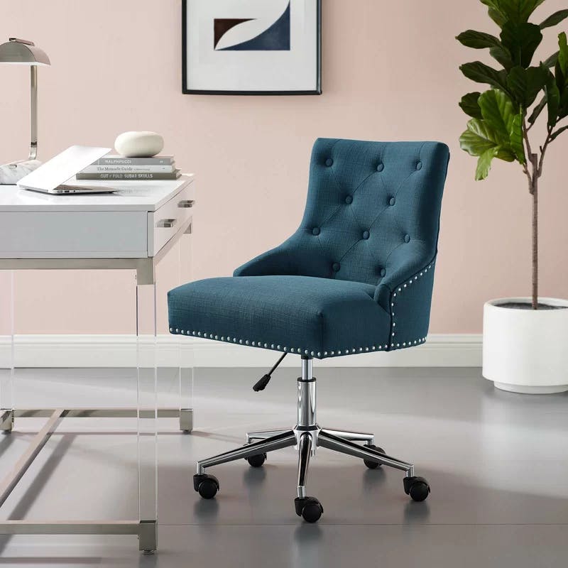 Azure Elegance Tufted Swivel Office Chair with Nailhead Trim