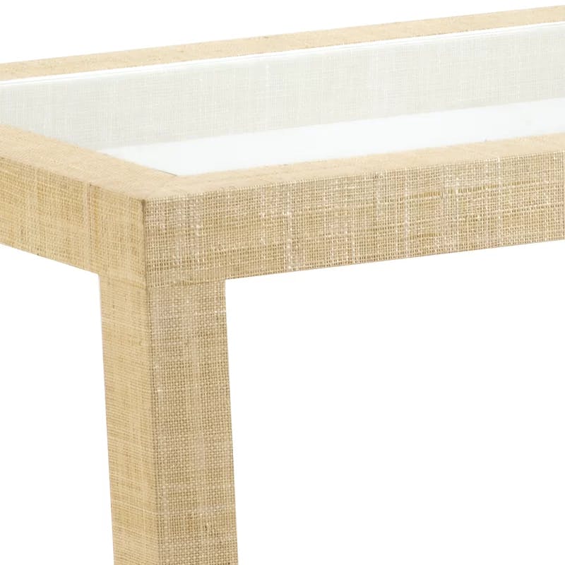 Gaston Tan Woven Raffia Side Table with Glass Inset