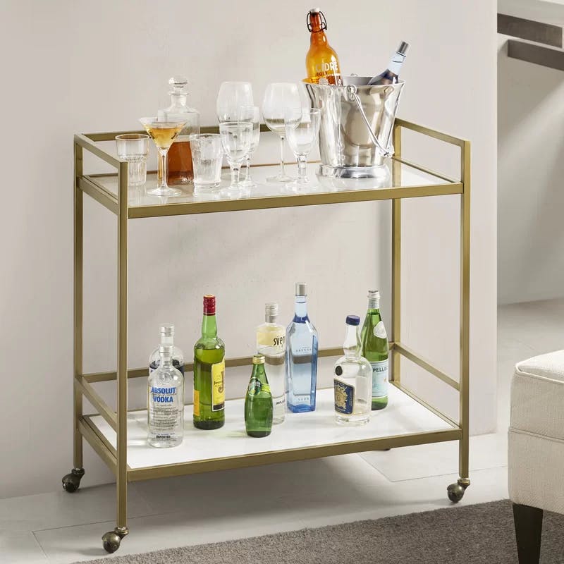 Lionel Antique Gold Two-Tier Bar Cart with Glass & Ceramic Shelves