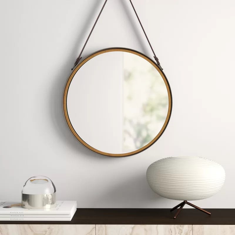 Contemporary Round Gold Metal Mirror with Leather Hang Strap