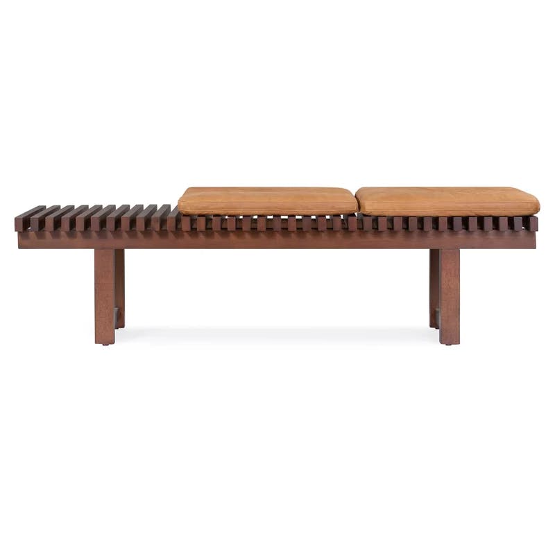 Modern Slat 59" Top Grain Aniline Leather Bench in Brown