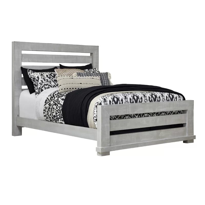 Elegant Transitional Gray Pine Queen Panel Bed with Upholstered Headboard