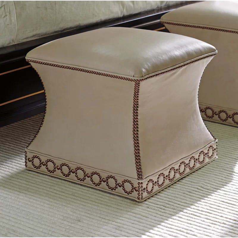 Carlyle Square Beige Genuine Leather Ottoman with Black Wood Legs