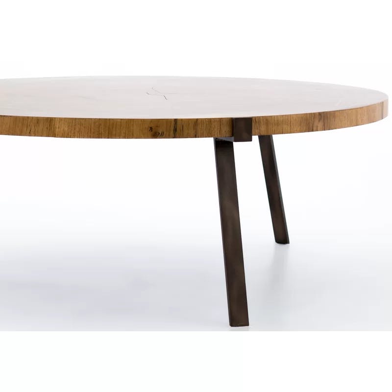 Modern Minimalist Round Blonde Guanacaste Wood & Bronze Metal Coffee Table