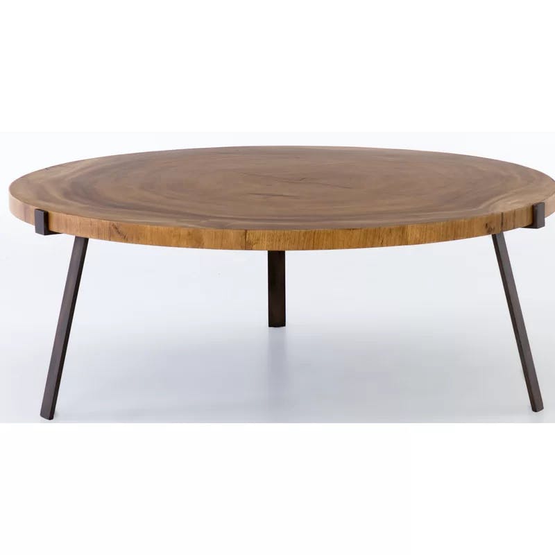 Modern Minimalist Round Blonde Guanacaste Wood & Bronze Metal Coffee Table
