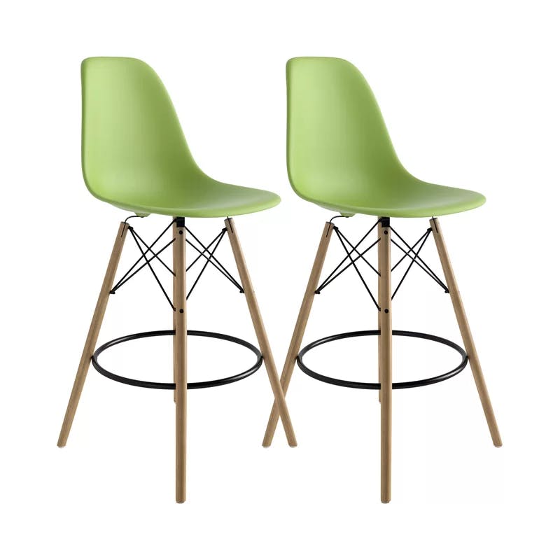 Parisian Modern Classic Green Counter Stools with Natural Wood Legs, Set of 2