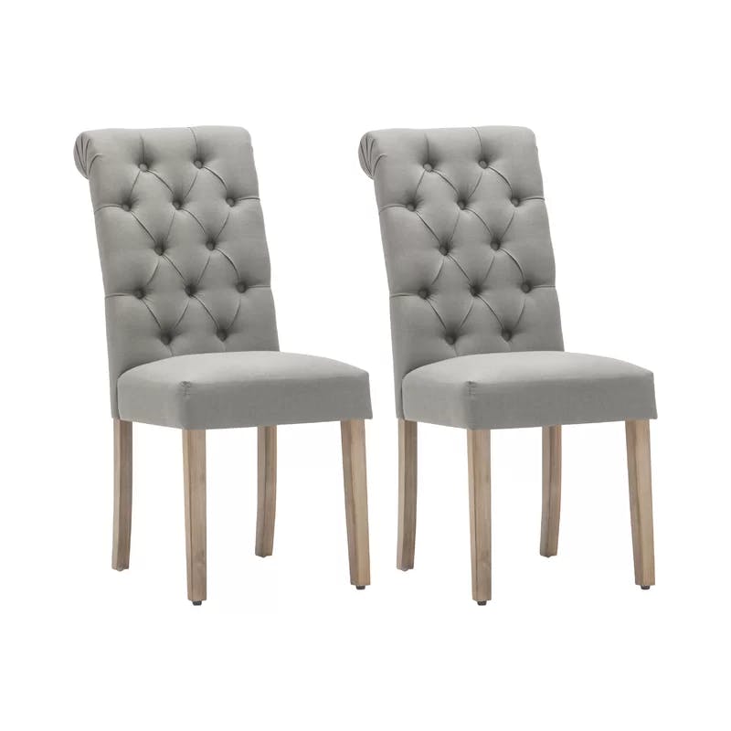 Sophisticated Grey Linen and Weathered Wood Tufted Dining Chair (Set of 2)