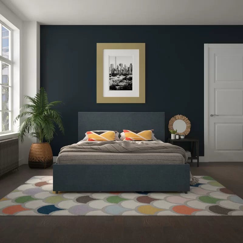 Elegant Navy Blue Linen Queen Storage Bed with Upholstered Headboard