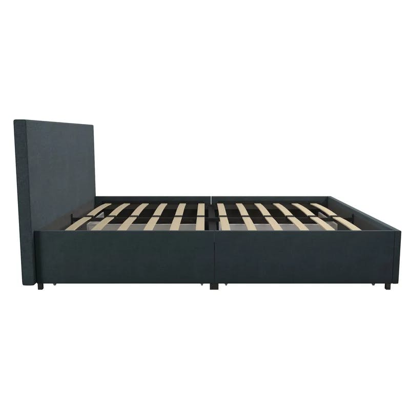 Elegant Navy Blue Linen Queen Storage Bed with Upholstered Headboard