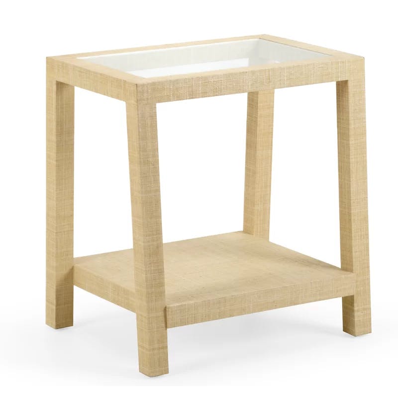 Gaston Tan Woven Raffia Side Table with Glass Inset