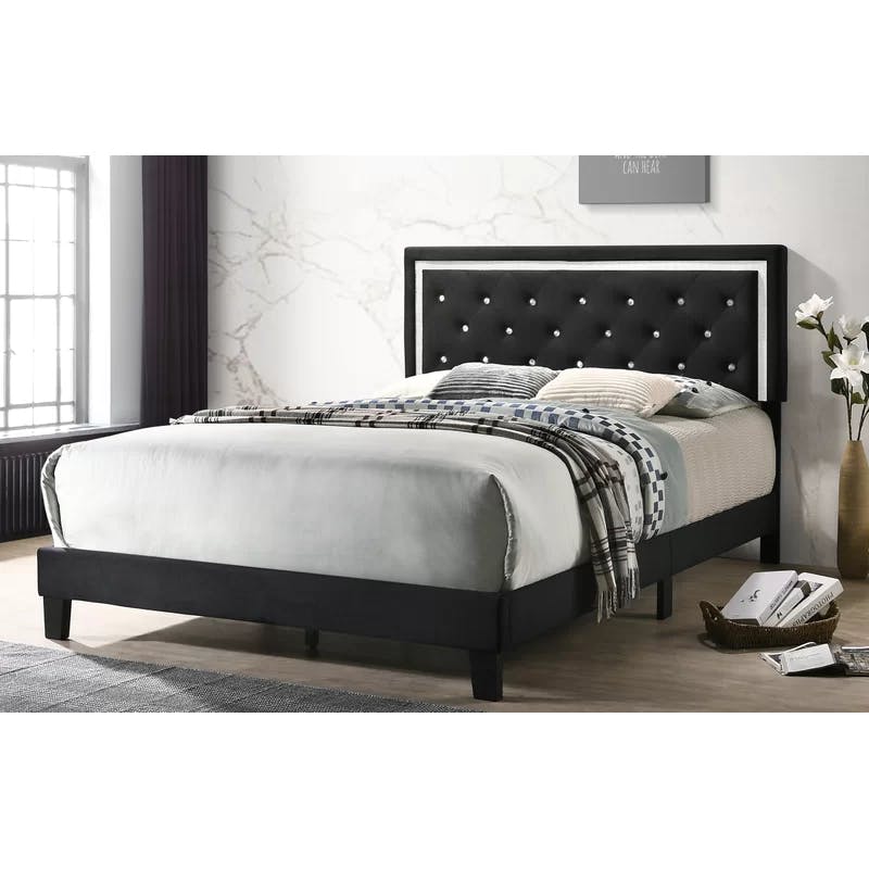 Elegant Full/Double Black Velvet Tufted Upholstered Bed with Headboard