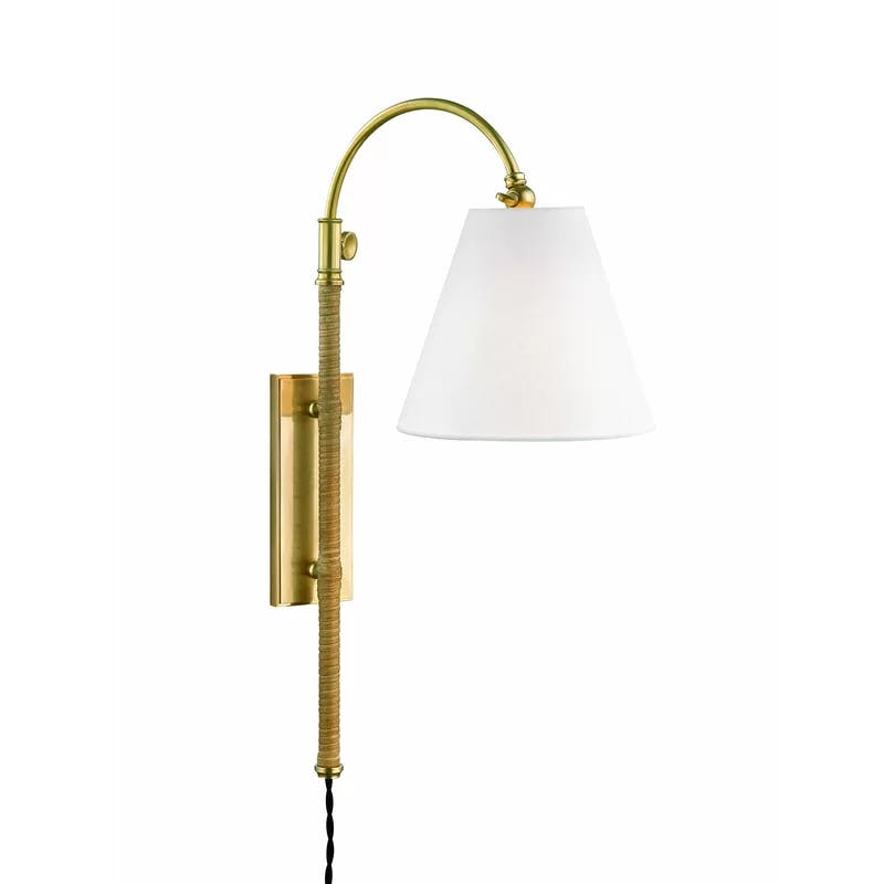 Avron Aged Brass Dimmable Plug-In Sconce with Linen Shade