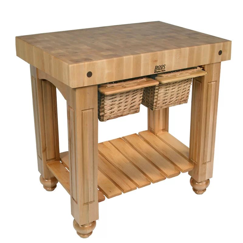 Modern Country Maple Butcher Block Island with Wicker Baskets