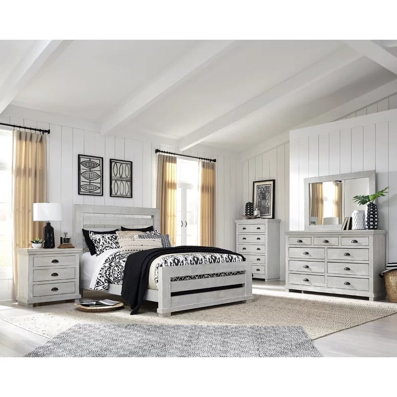 Transitional Chalk Gray King Panel Bed with Pine Frame