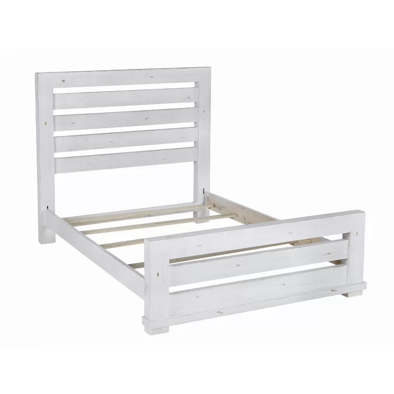 Rustic Pine King Panel Bed with Upholstered Headboard in Distressed White