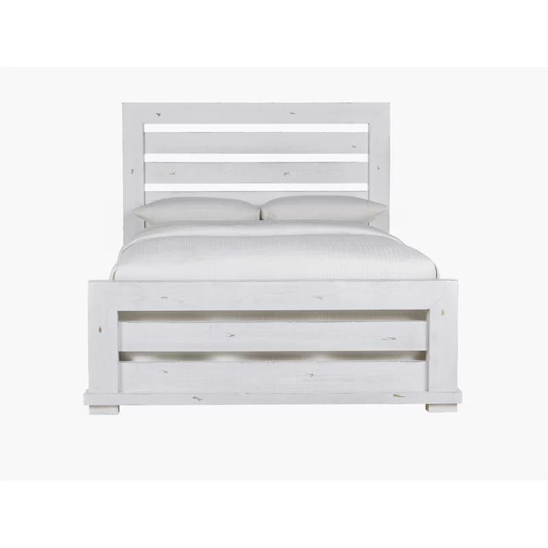 Rustic Pine King Panel Bed with Upholstered Headboard in Distressed White