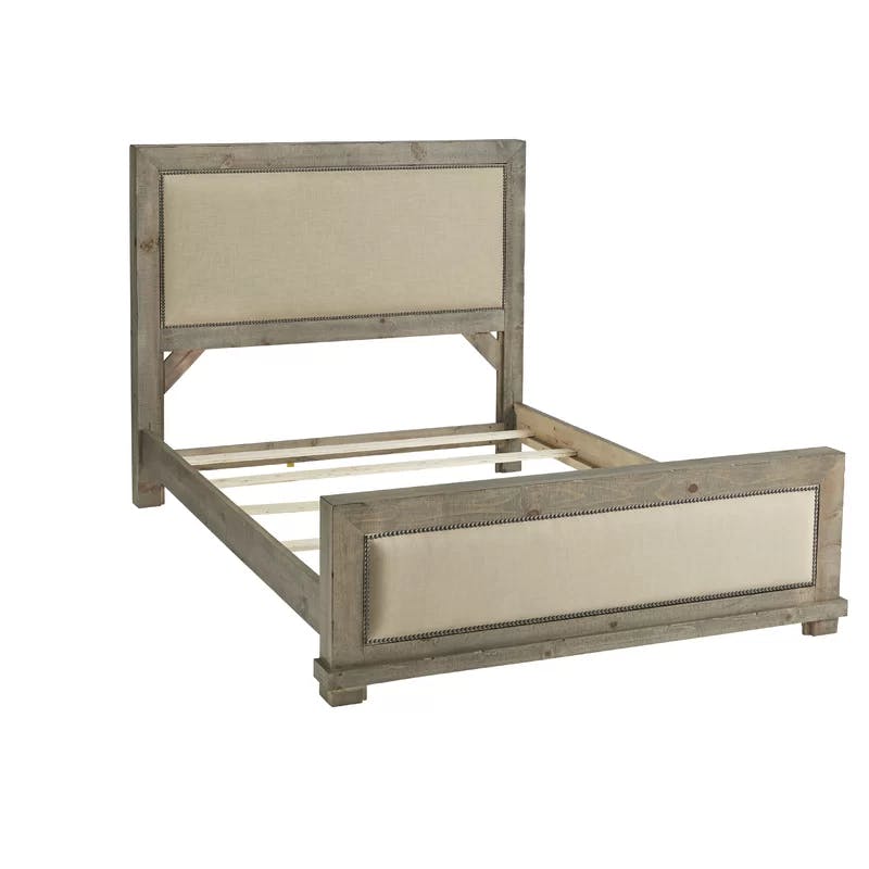 Rustic Beige King Upholstered Bed with Nailhead Trim and Pine Frame