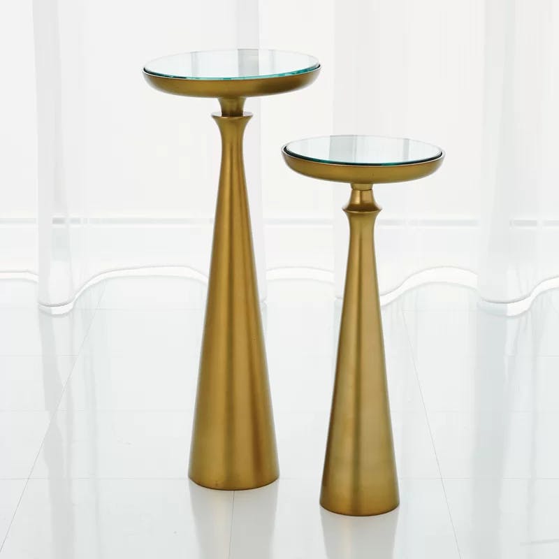Minaret Round Mirrored Metal Accent Table in Satin Brass