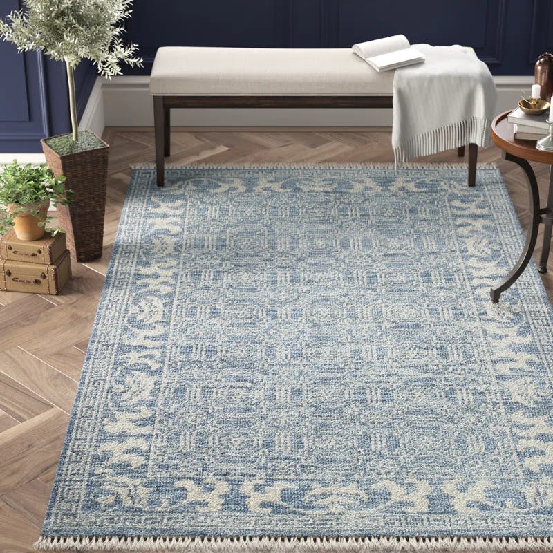 Hand-Knotted Denim Floral 9' x 12' Wool Area Rug